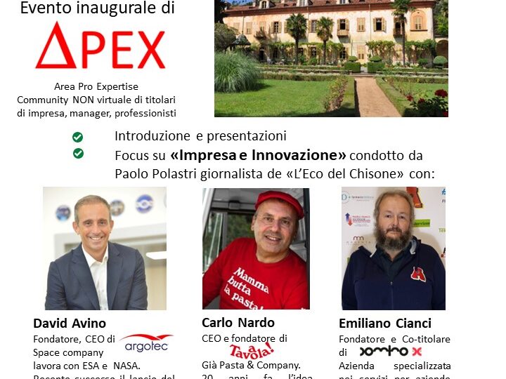 Apex: Evento inaugurale sabato 15 aprile 2023 a casa Lajolo a Piossasco.